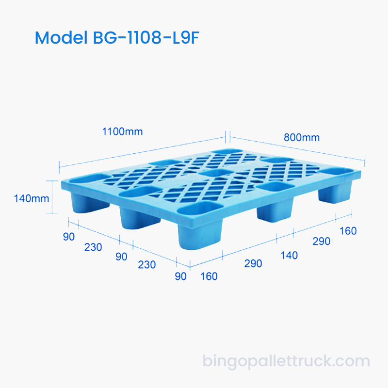 พาเลทพลาสติกสำหรับงานเบาขนาด 1100x800 มม. พร้อมทางเข้า 4 ทางสำหรับแจ็คพาเลท