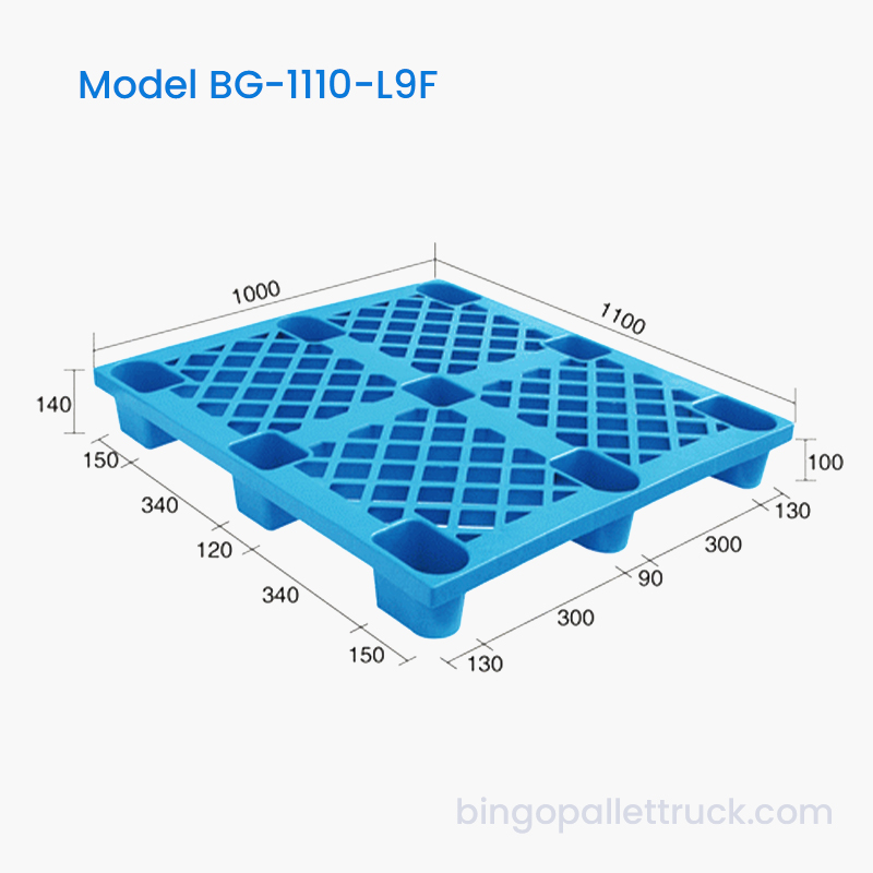 พาเลทพลาสติก 9 ขาด้านเดียวขนาด 1100x1000 มม. สำหรับการดำเนินงานด้านโซ่เย็นและโลจิสติกส์