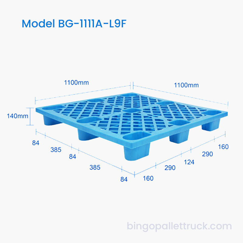 พาเลทพลาสติก 9 ขาสำหรับงานเบาขนาด 1100x1100 มม. พร้อมทางเข้า 4 ทางสำหรับแจ็คพาเลท