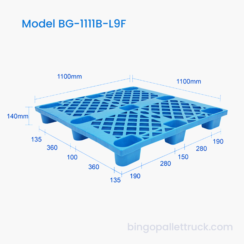 พาเลทพลาสติก 9 ขาขนาด 1100x1100 มม. เหมาะสำหรับแจ็คพาเลทและรถยก