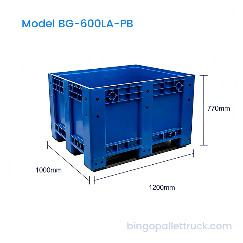 คอนเทนเนอร์พาเลทพลาสติกแข็งสำหรับงานหนักขนาด 600 ลิตรสำหรับการขนถ่ายวัสดุเทกอง